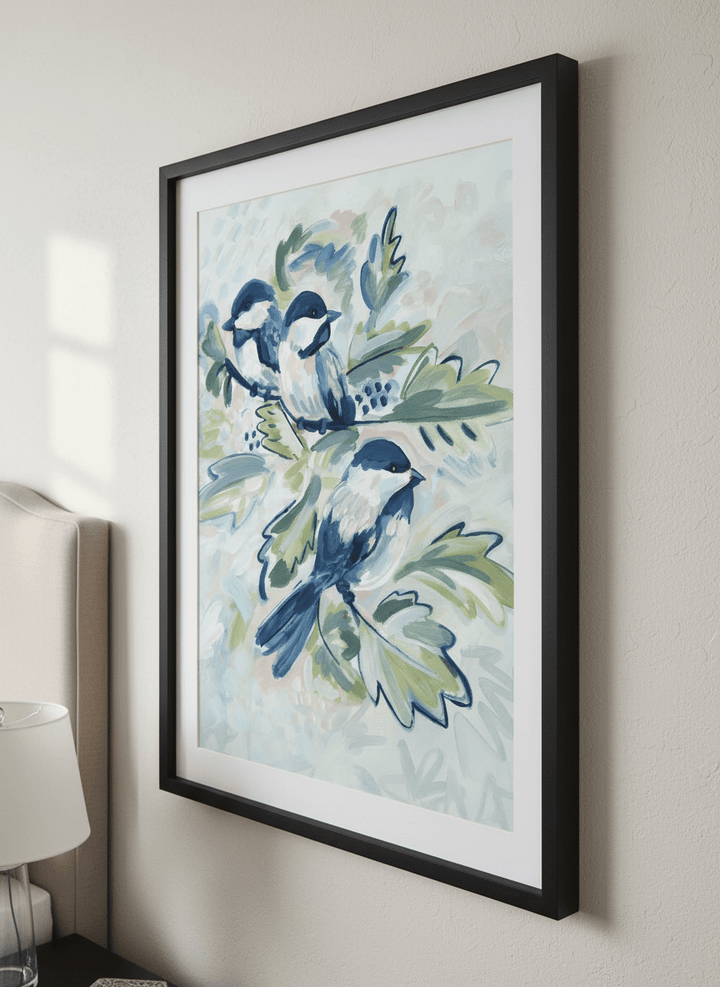 Minimalist artwork displayed in a calm, light-filled bedroom interior