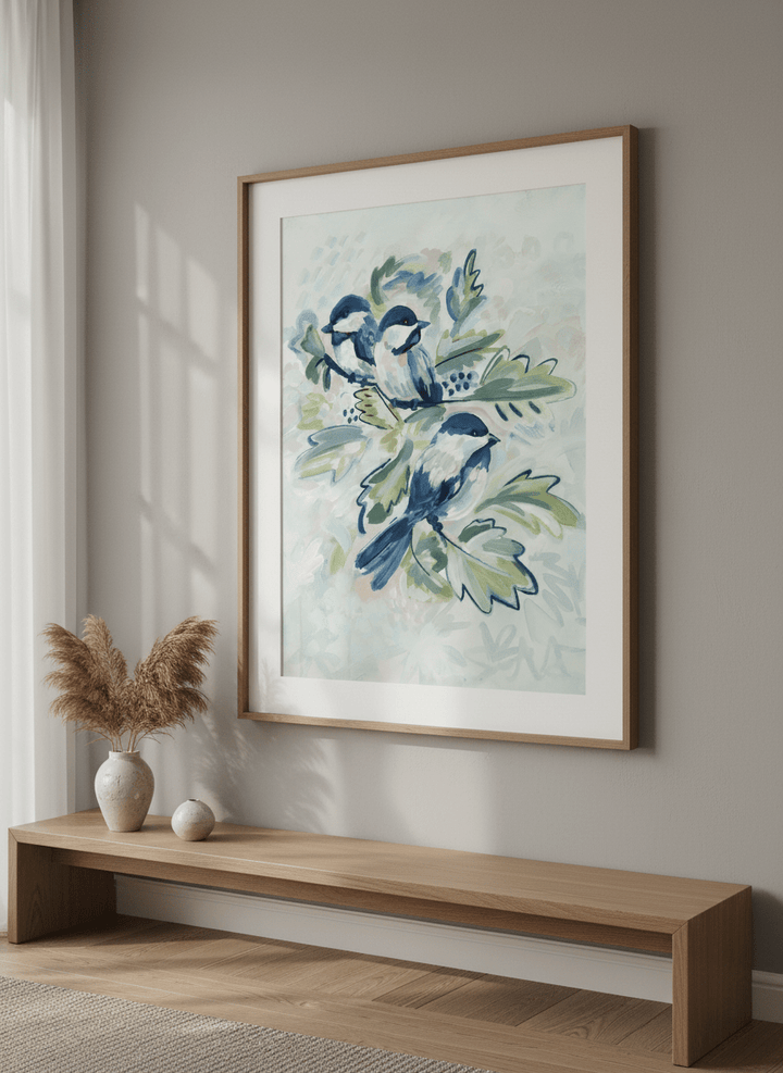 Modern wall art styled above a sofa in a neutral living room