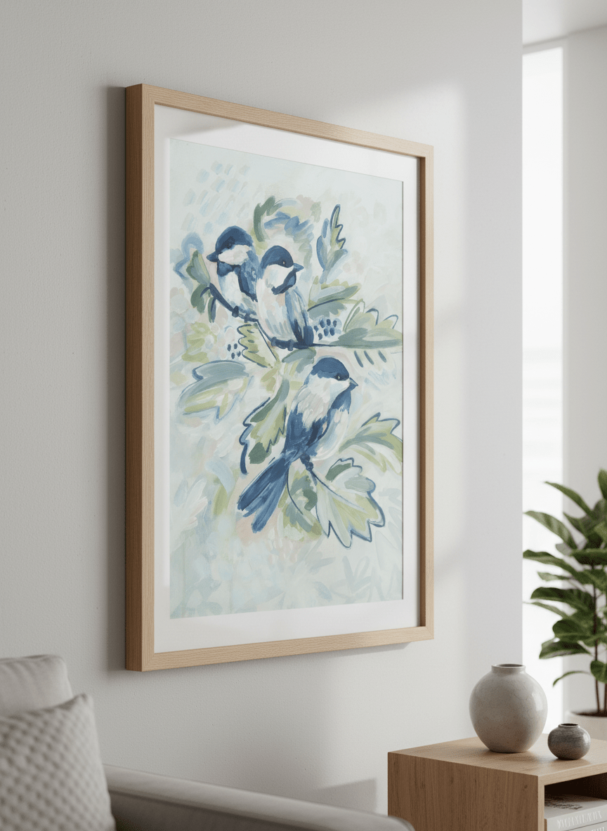 Modern wall art styled above a sofa in a neutral living room