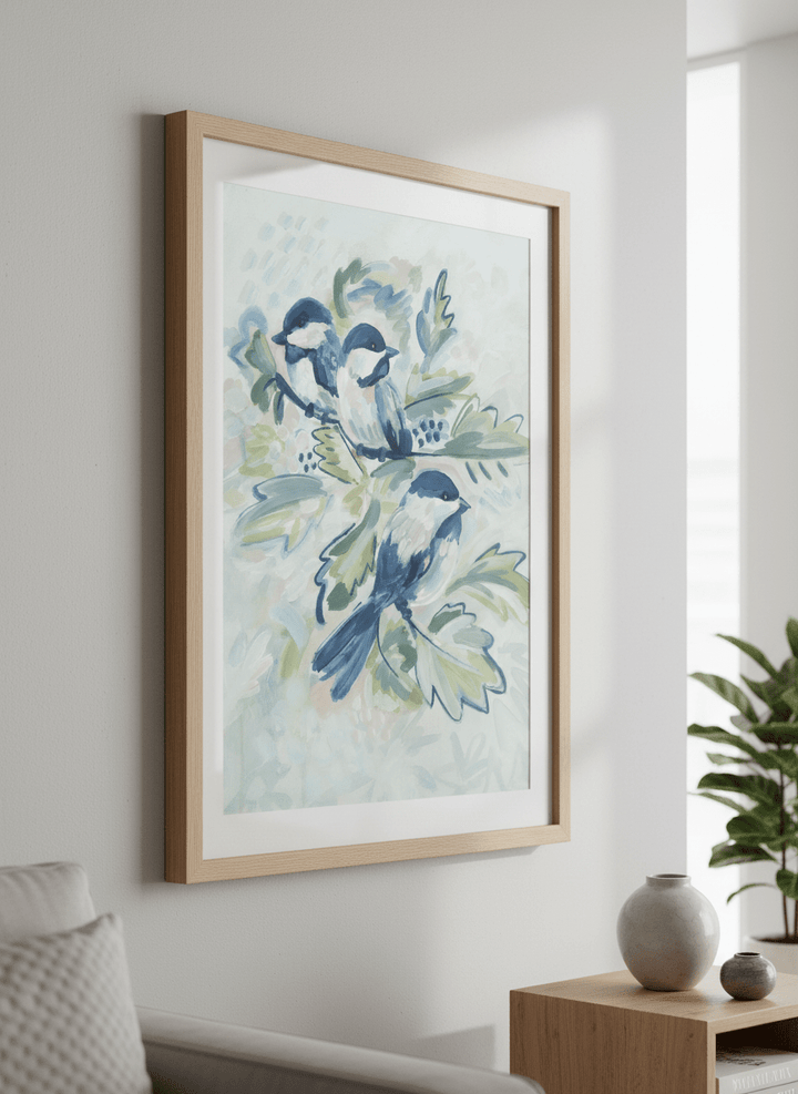 Modern wall art styled above a sofa in a neutral living room
