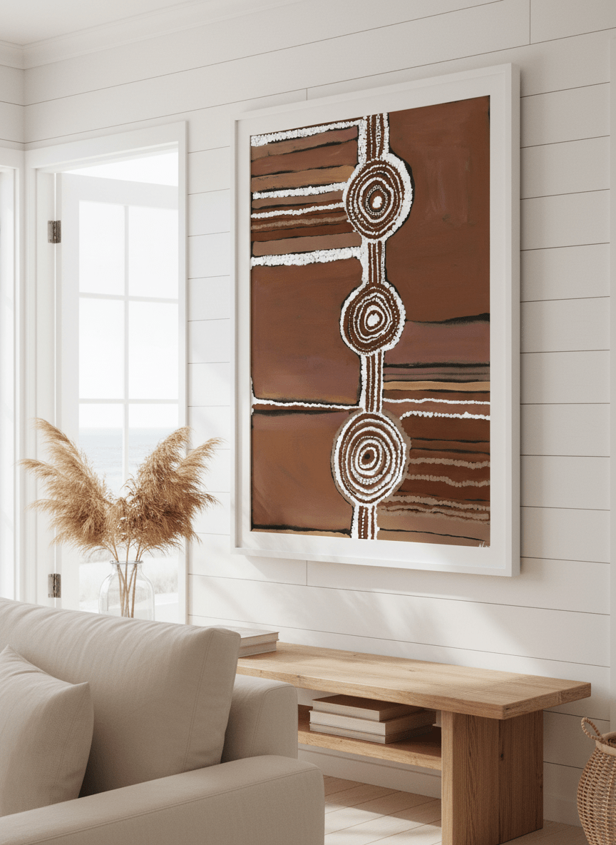 Neutral wall art displayed in a sunny coastal beach house