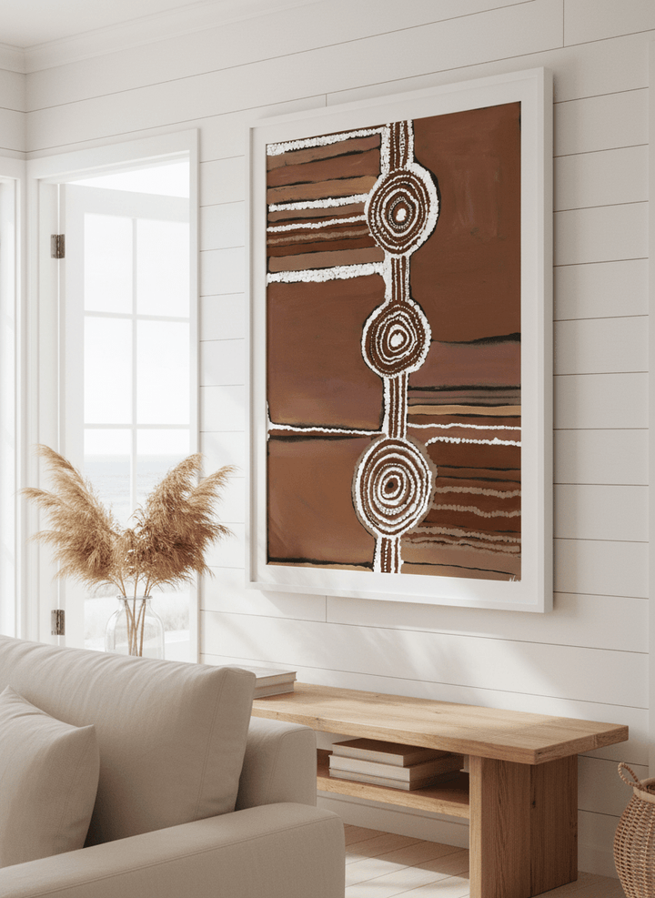 Neutral wall art displayed in a sunny coastal beach house
