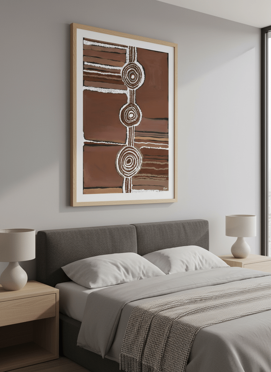 Minimalist artwork displayed in a calm, light-filled bedroom interior