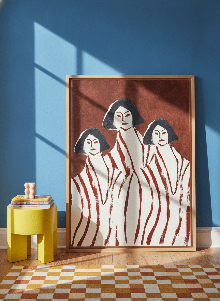 Oversized statement canvas wall art with a natural timber surround leaning against the wall in a colourful eclectic living room