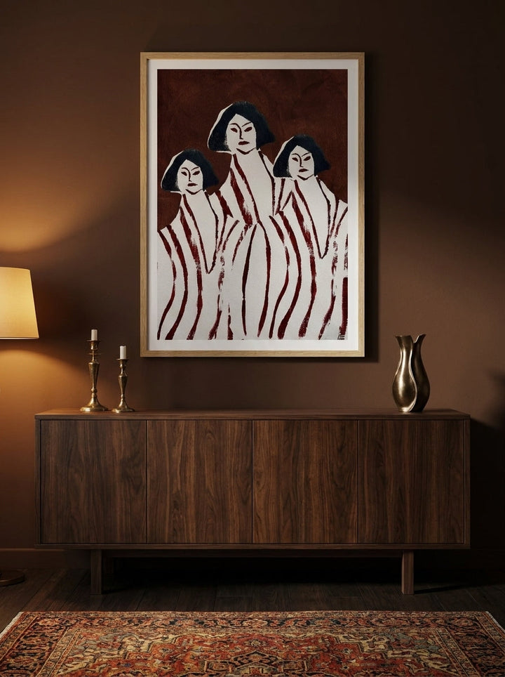 Modern wall art print styled on the wall in a moody living room