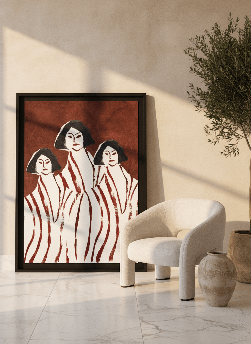 Oversized statement modern wall art print leaning against the wall in a luxe bedroom
