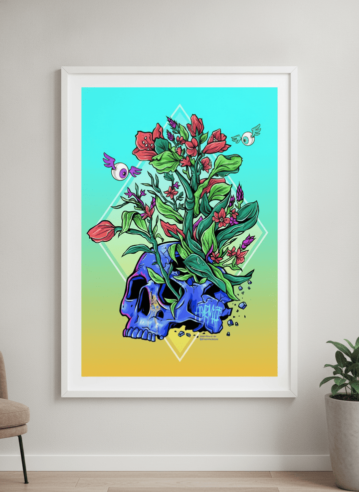 Modern wall art styled above a sofa in a neutral living room