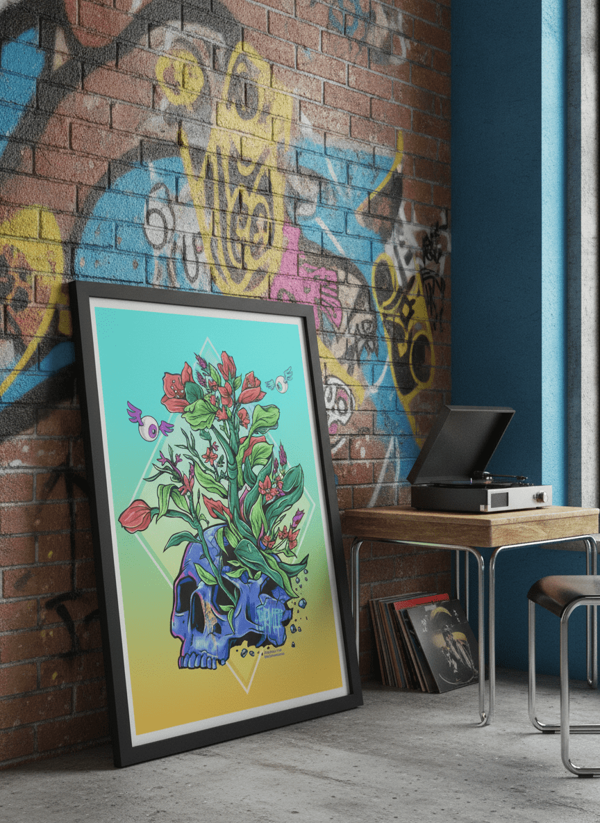 Bold wall art styled in a colourful, eclectic modern home