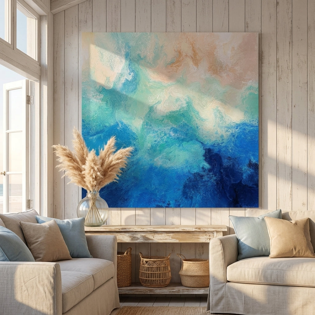 Stretched canvas wall art styled in a sunny coastal beach house