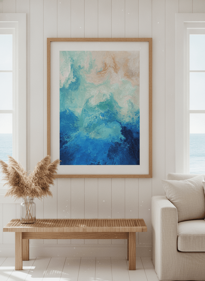 Neutral wall art displayed in a sunny coastal beach house