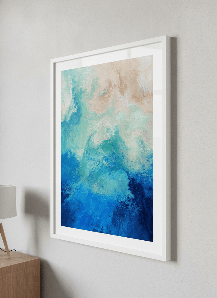 Minimalist artwork displayed in a calm, light-filled bedroom interior