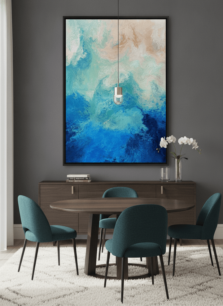 Monumental artwork centred on a feature wall in a luxe interior