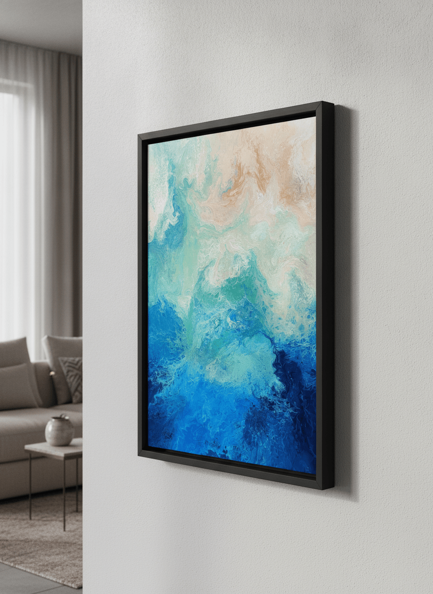 Modern wall art styled above a sofa in a neutral living room