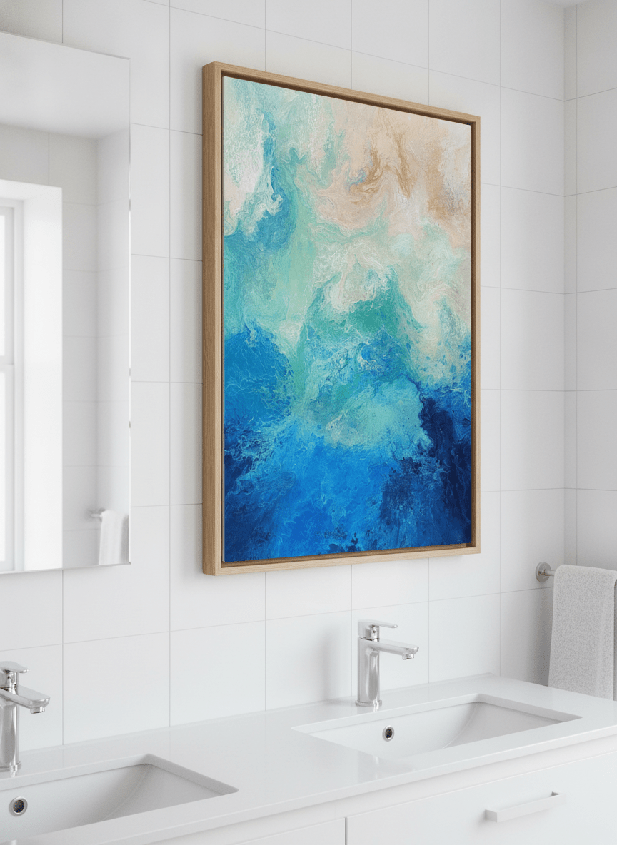 Modern print displayed in a clean minimalist bathroom setting