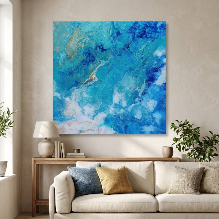 Stretched canvas wall art styled in a neutral living room