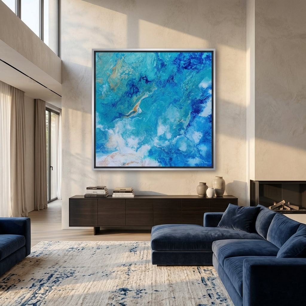 Oversized statement canvas wall art with a silver leaf surround styled in a luxe interior