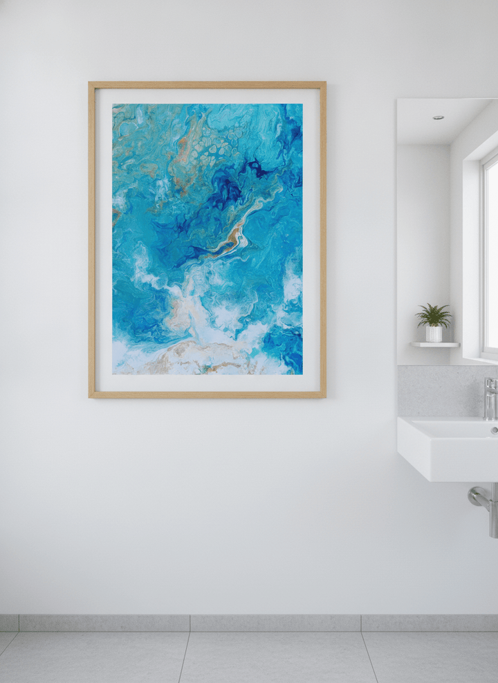 Modern print displayed in a clean minimalist bathroom setting