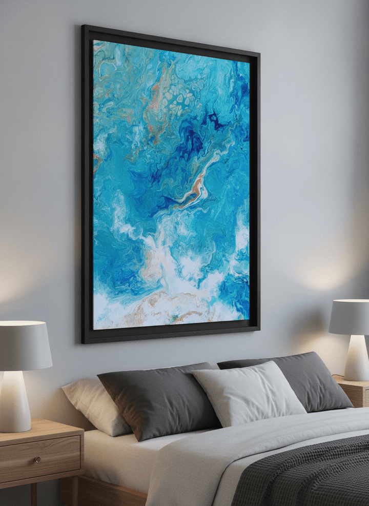 Minimalist artwork displayed in a calm, light-filled bedroom interior