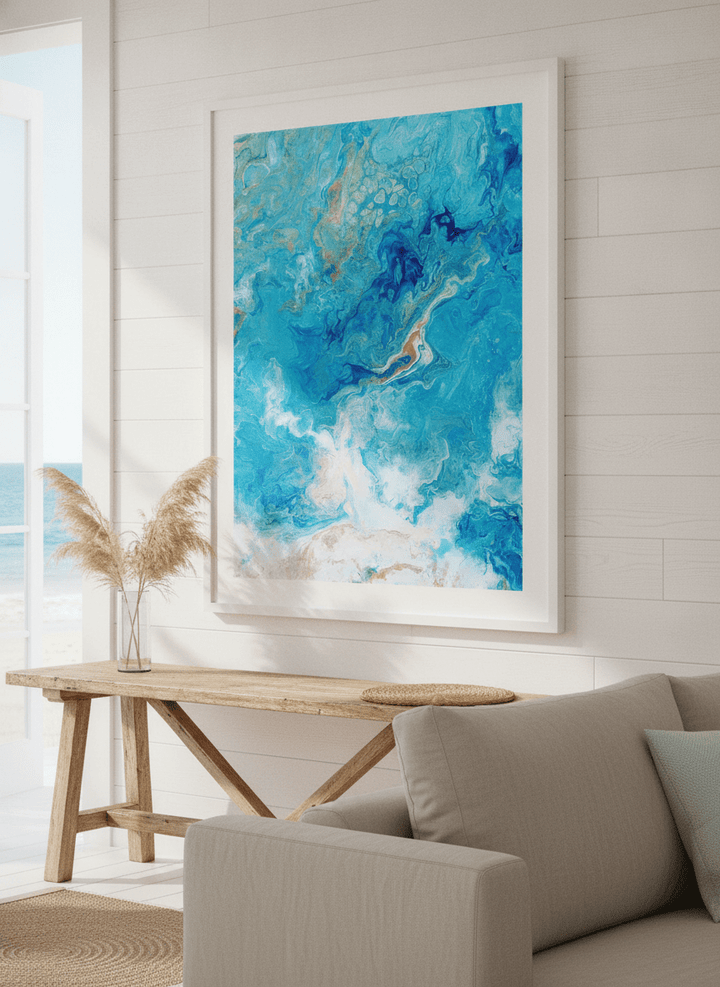 Neutral wall art displayed in a sunny coastal beach house