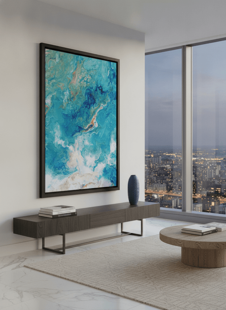 Monumental artwork centred on a feature wall in a luxe interior