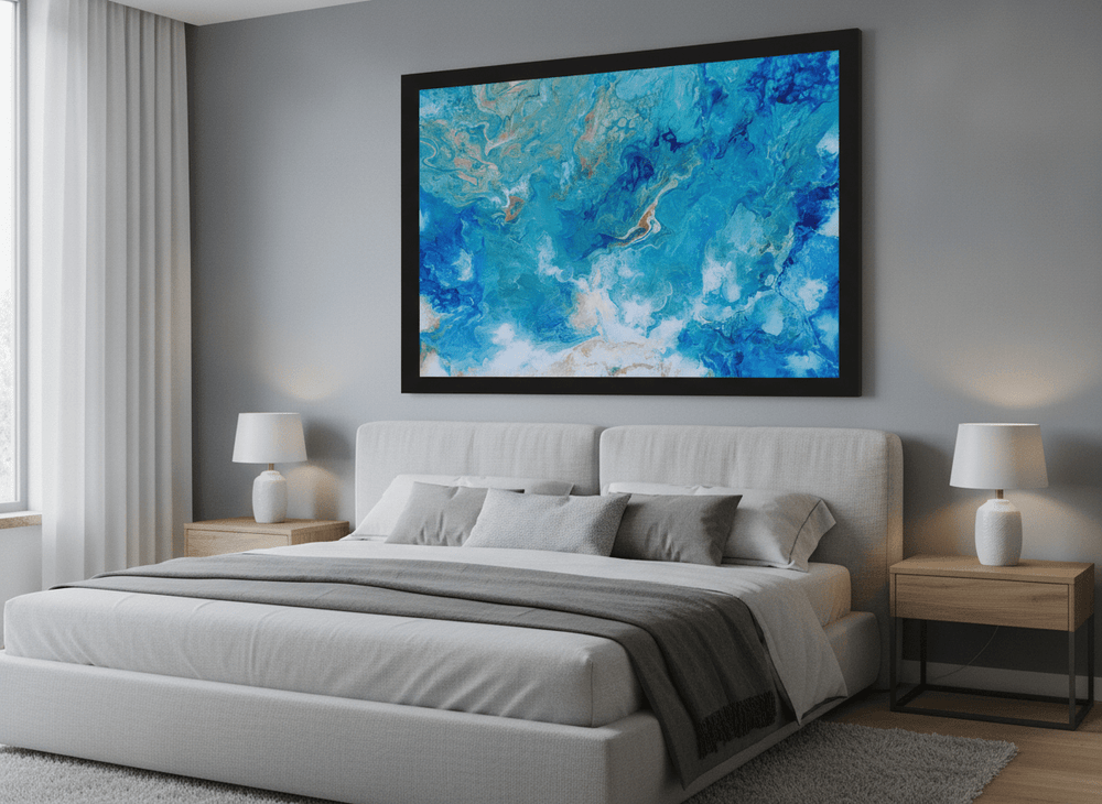 Minimalist artwork displayed in a calm, light-filled bedroom interior
