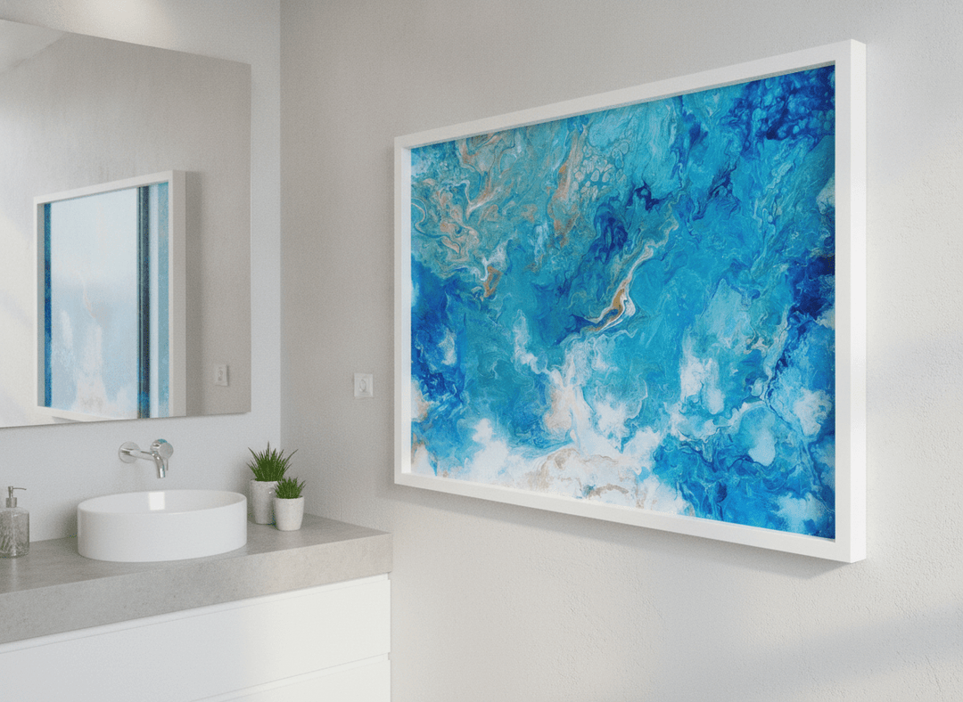 Modern print displayed in a clean minimalist bathroom setting