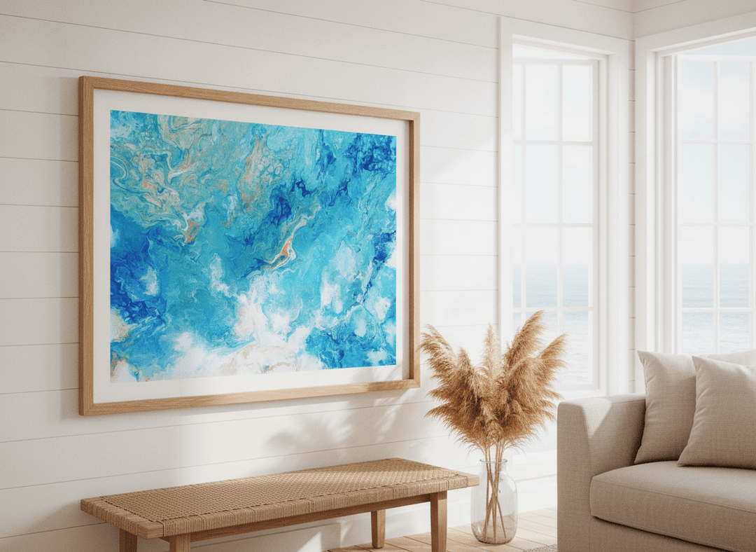 Neutral wall art displayed in a sunny coastal beach house