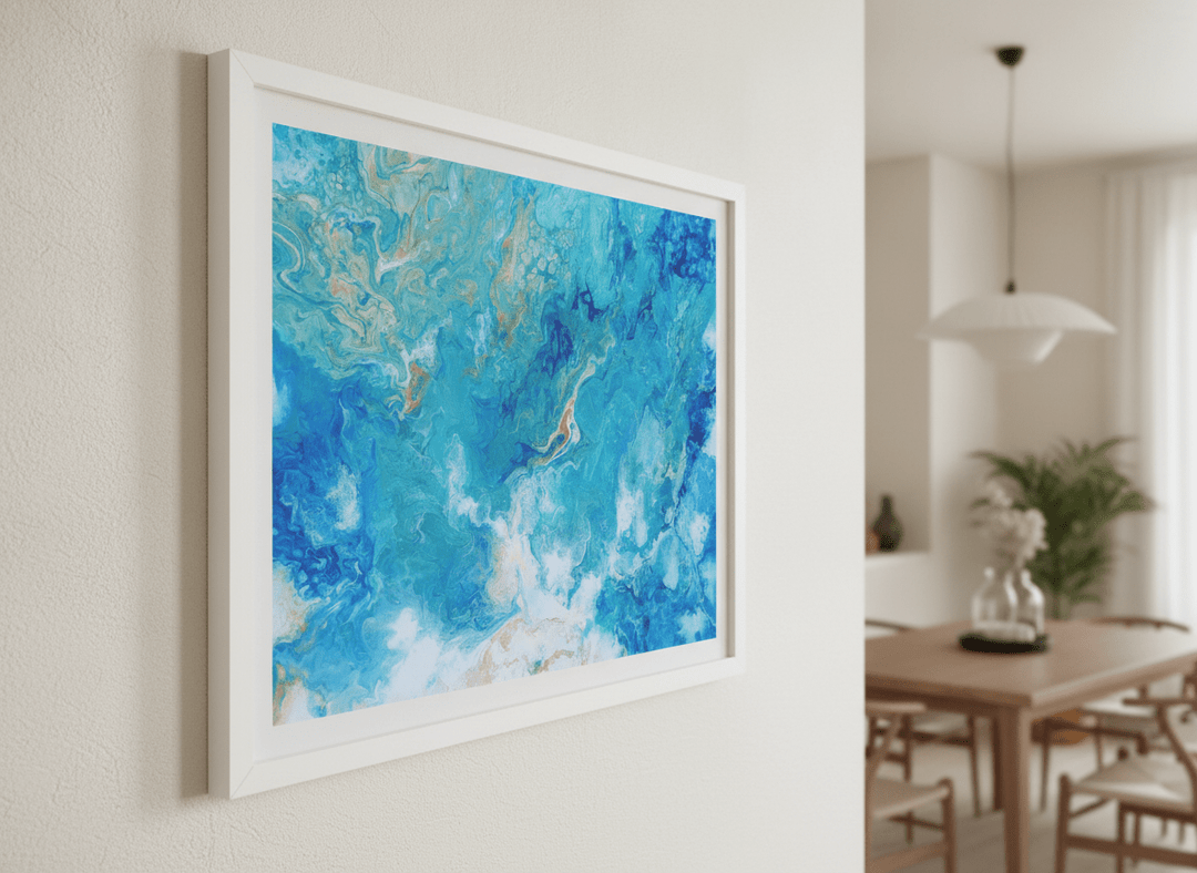 Wall art styled above a dining table in a contemporary home