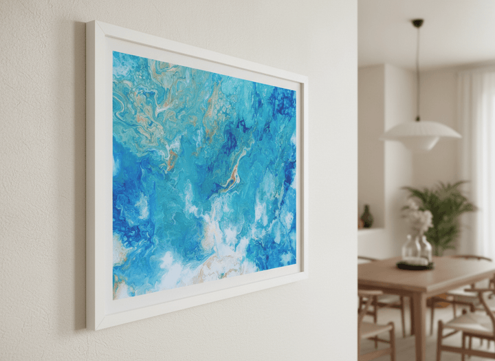 Wall art styled above a dining table in a contemporary home