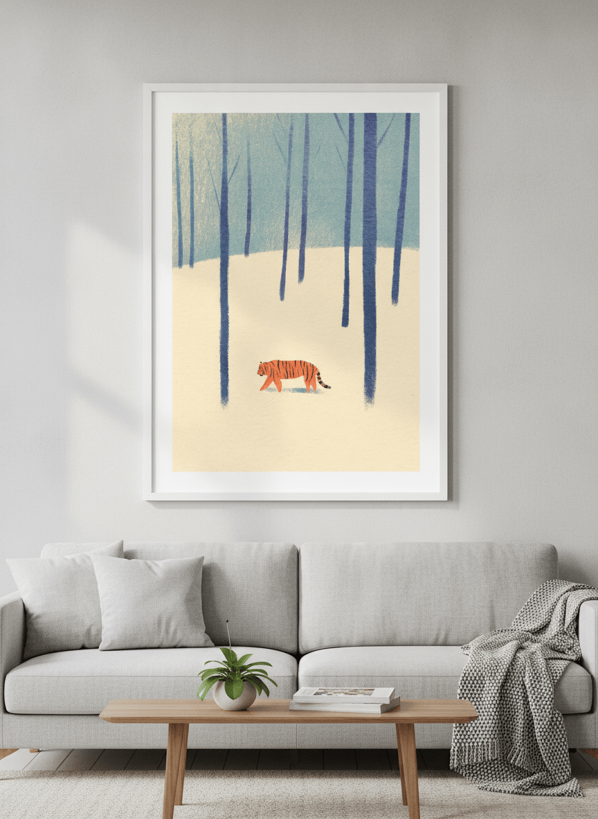 Modern wall art styled above a sofa in a neutral living room