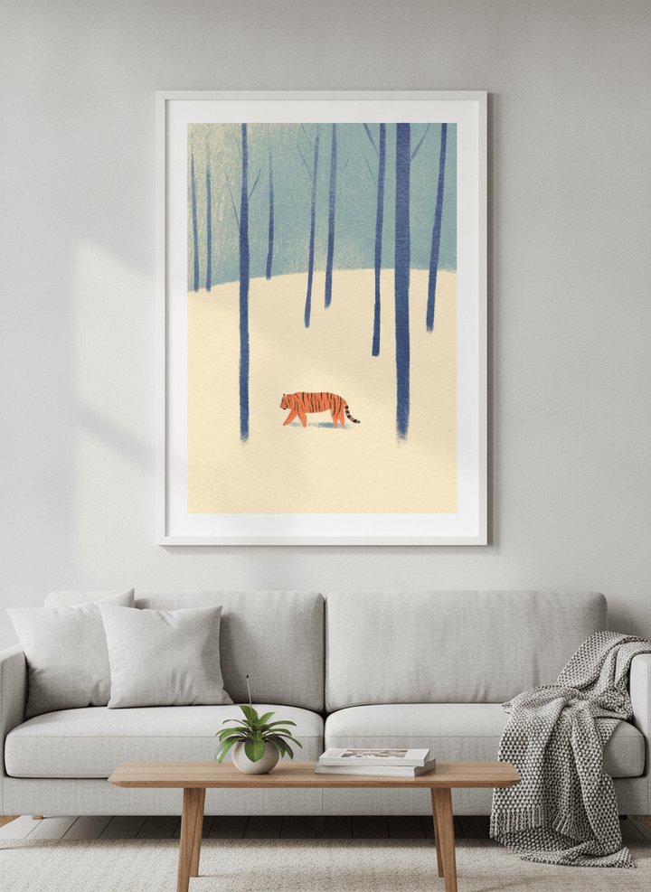 Modern wall art styled above a sofa in a neutral living room