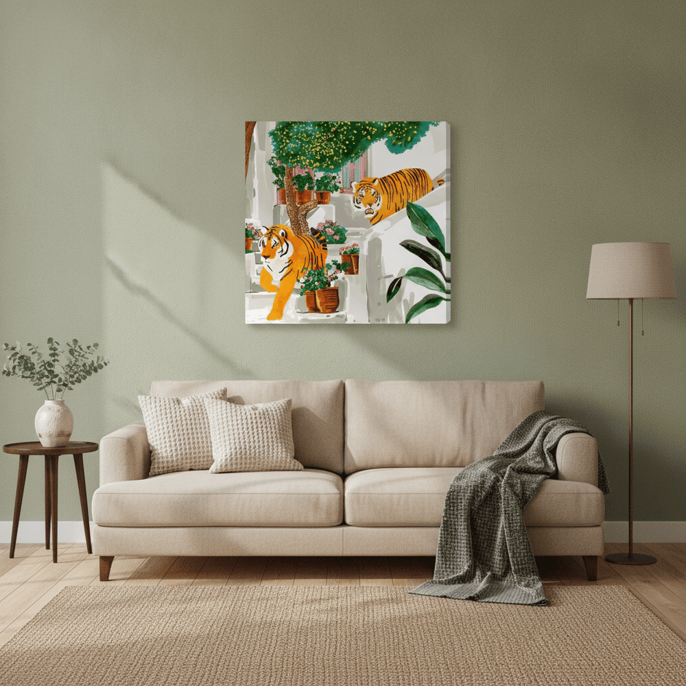 Stretched canvas wall art styled in a neutral living room