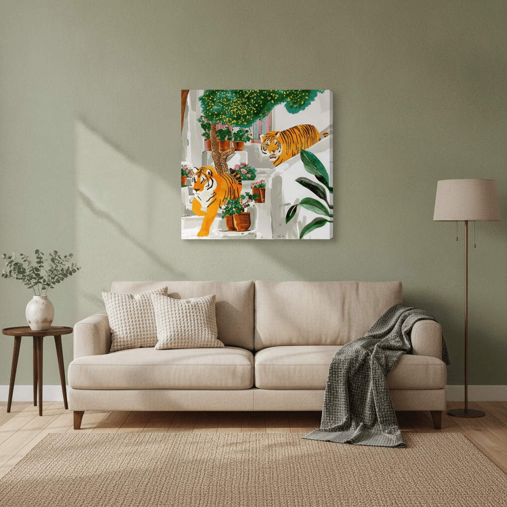 Stretched canvas wall art styled in a neutral living room