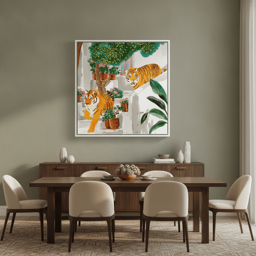 Oversized statement canvas wall art with a white surround styled in a contemporary dining room