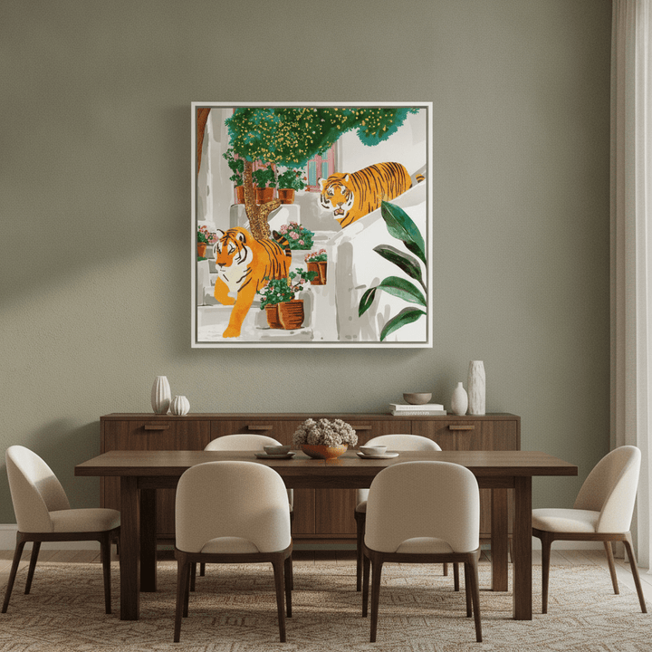 Oversized statement canvas wall art with a white surround styled in a contemporary dining room