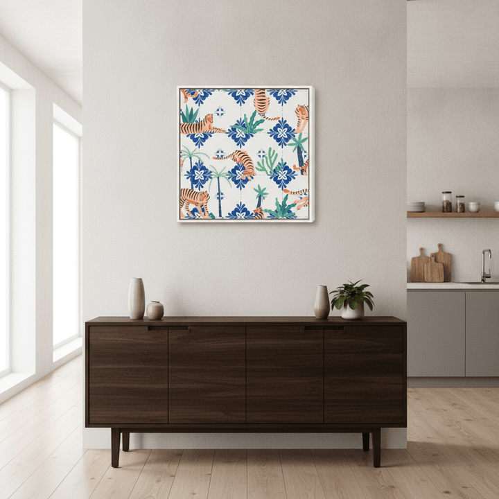 Canvas wall art with a white surround styled in a bright modern kitchen