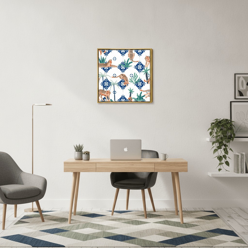 Canvas wall art with a gold leaf surround styled in a bright modern office