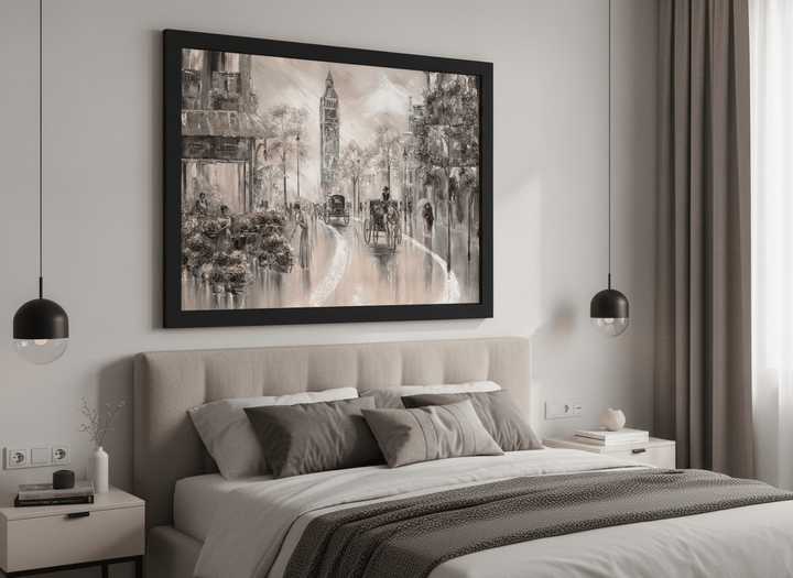 Minimalist artwork displayed in a calm, light-filled bedroom interior