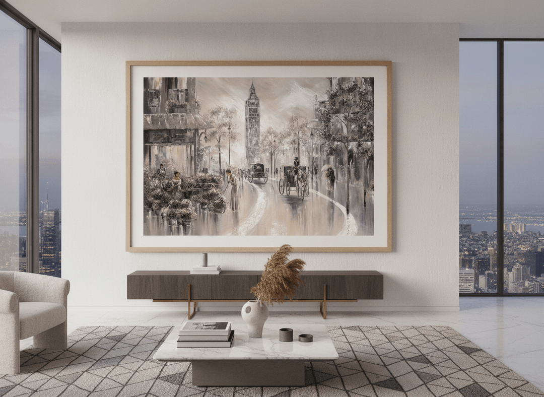 Monumental artwork centred on a feature wall in a luxe interior