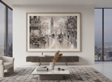 Monumental artwork centred on a feature wall in a luxe interior