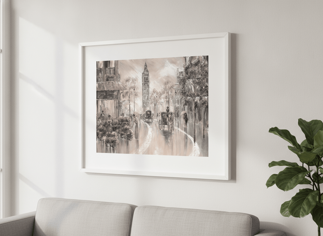 Modern wall art styled above a sofa in a neutral living room