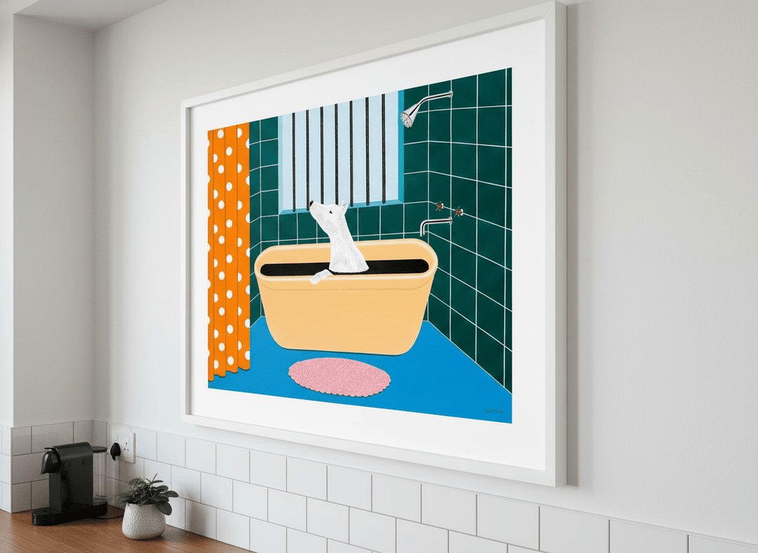 Artwork styled on the wall of a bright modern kitchen