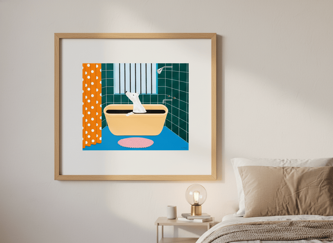 Minimalist artwork displayed in a calm, light-filled bedroom interior