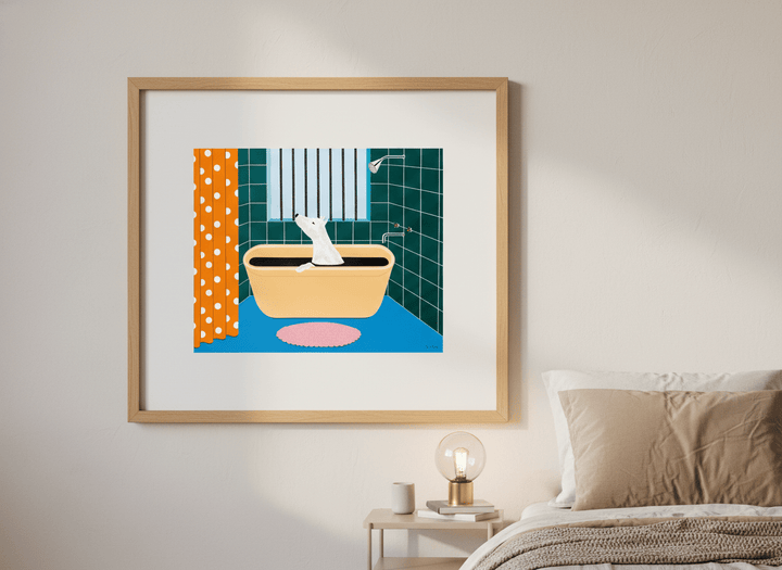 Minimalist artwork displayed in a calm, light-filled bedroom interior