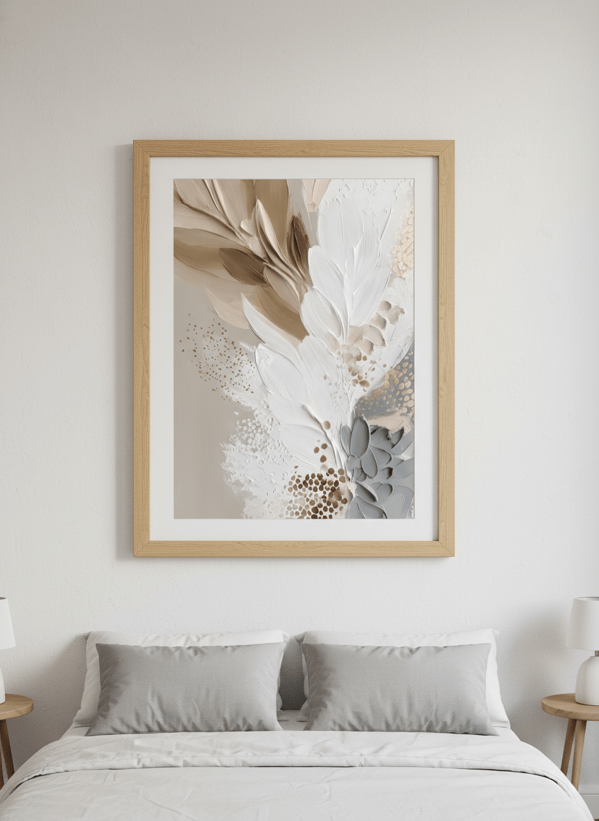 Minimalist artwork displayed in a calm, light-filled bedroom interior