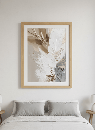 Minimalist artwork displayed in a calm, light-filled bedroom interior