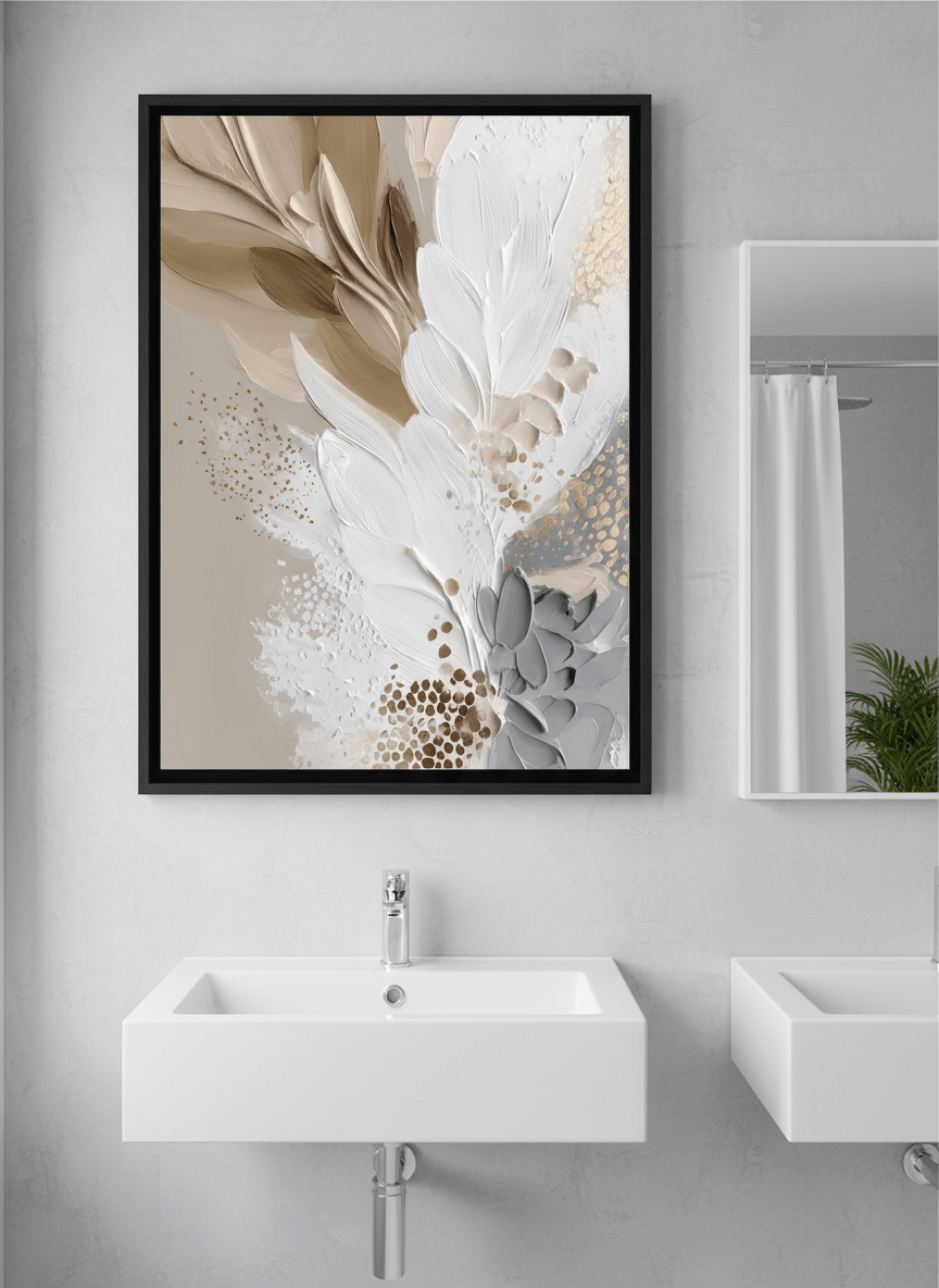 Modern print displayed in a clean minimalist bathroom setting