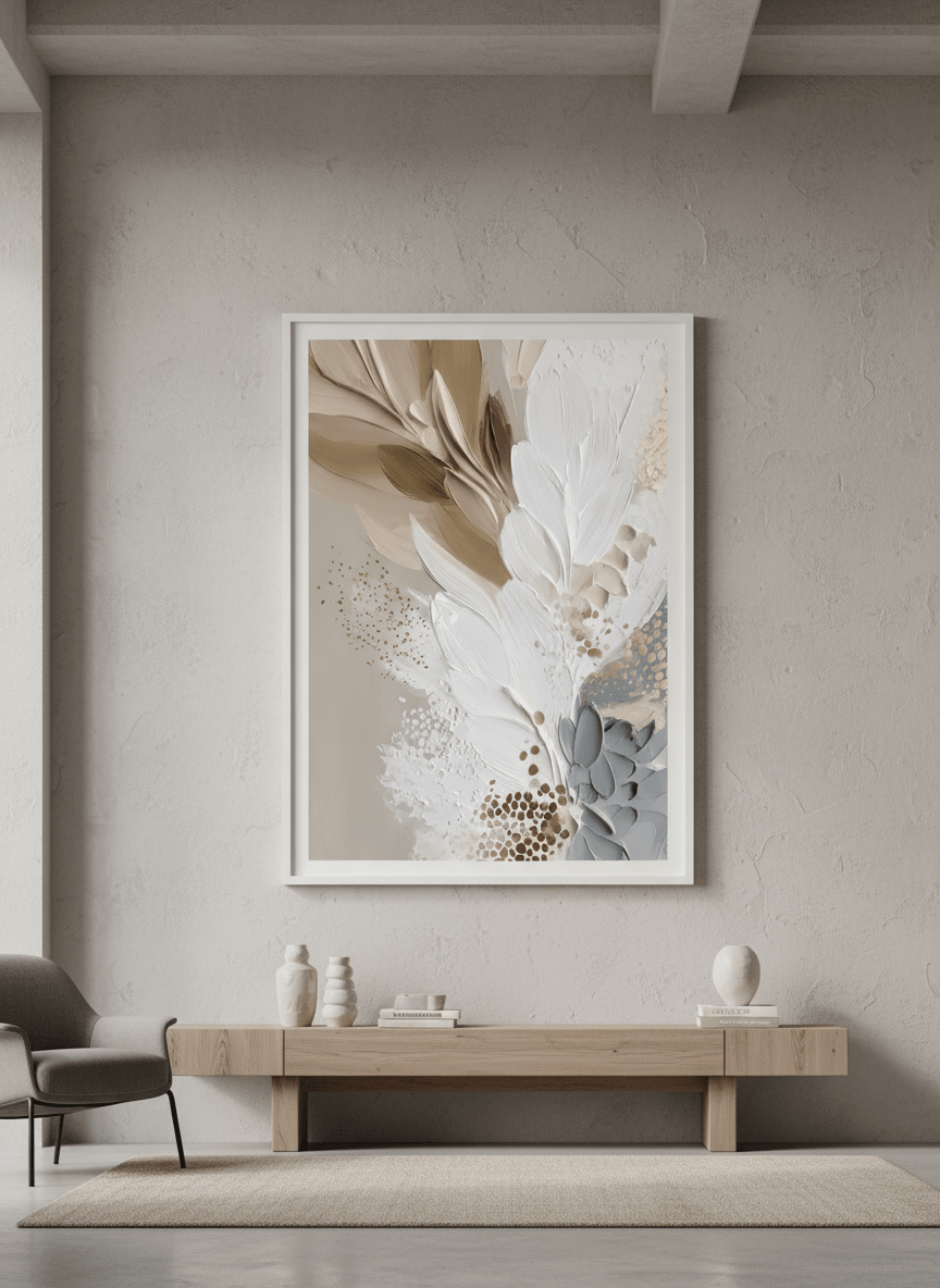 Monumental artwork centred on a feature wall in a luxe interior