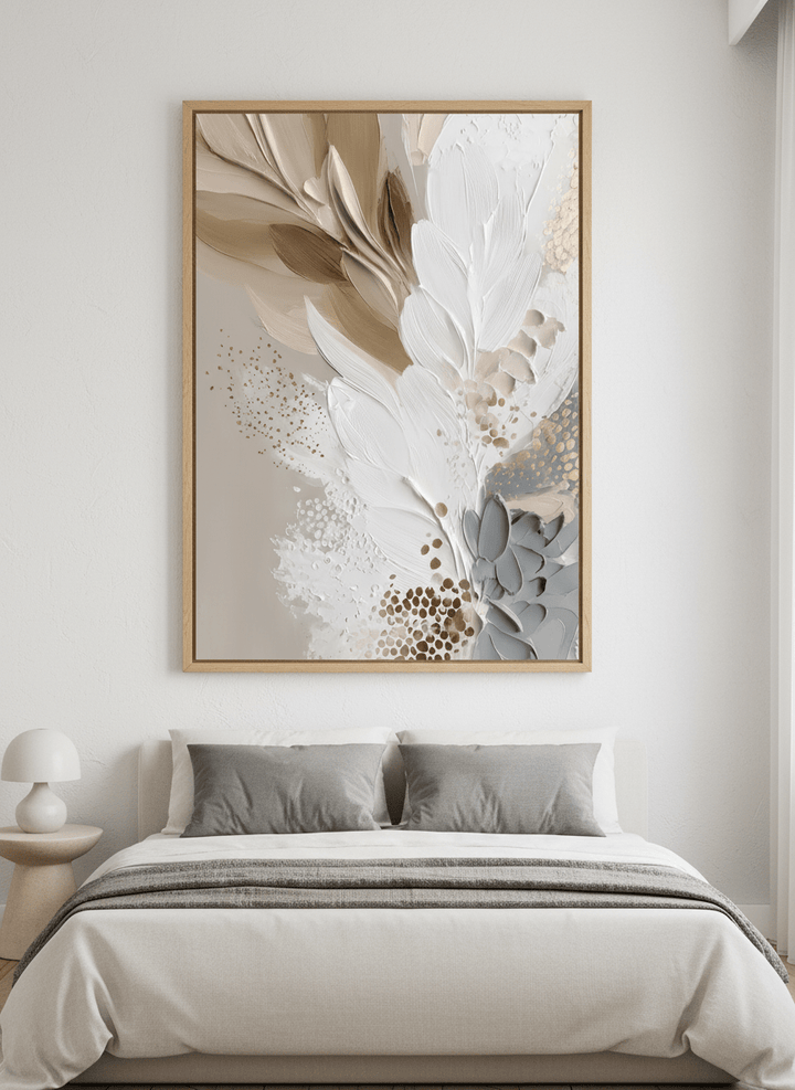Minimalist artwork displayed in a calm, light-filled bedroom interior