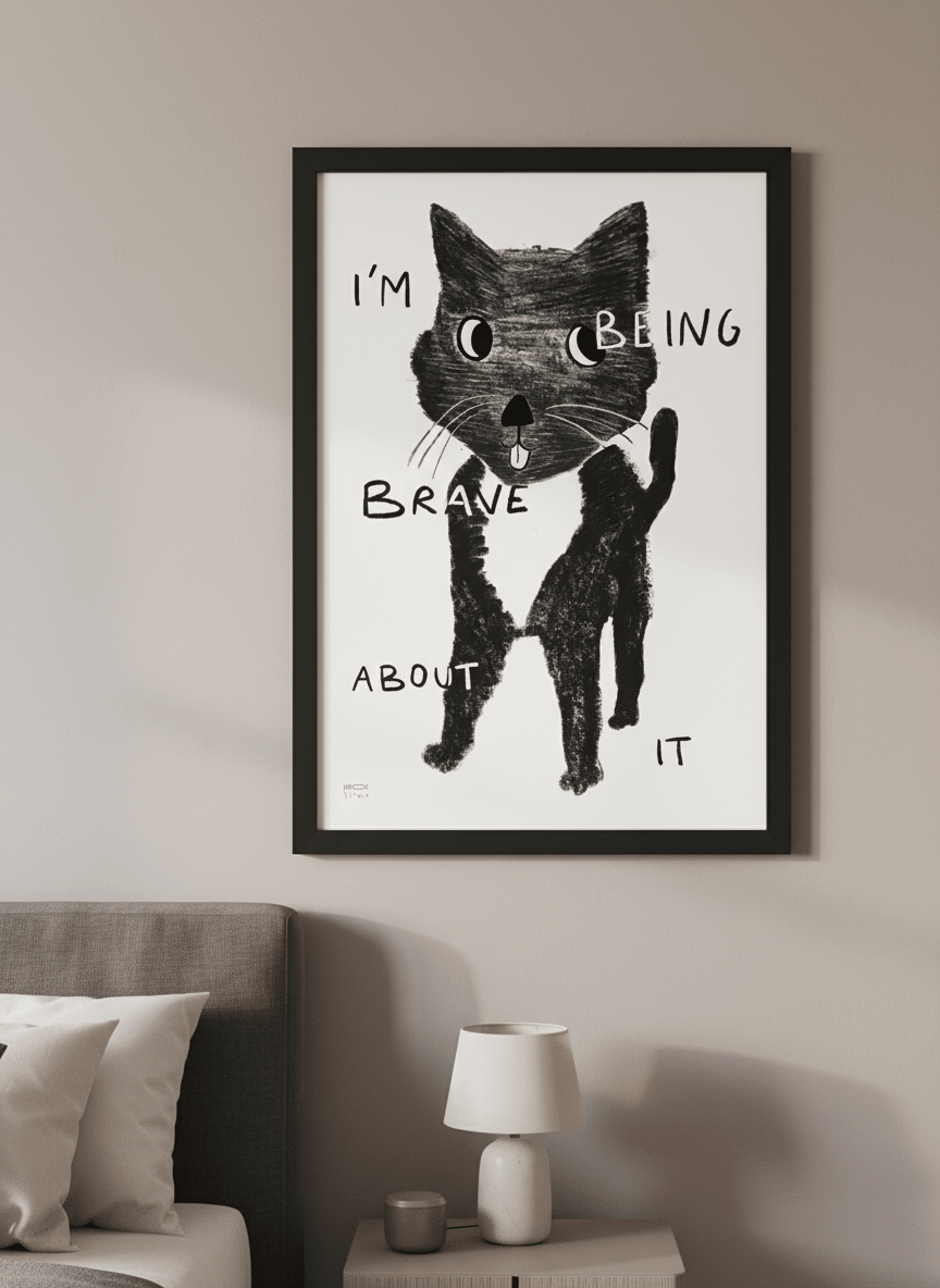 Minimalist artwork displayed in a calm, light-filled bedroom interior